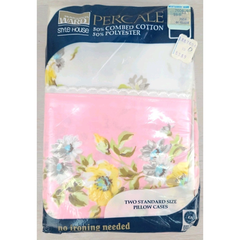 Vintage Percale 2 Standard Pillow Cases Montgomery Ward‎ Style House Pink Floral